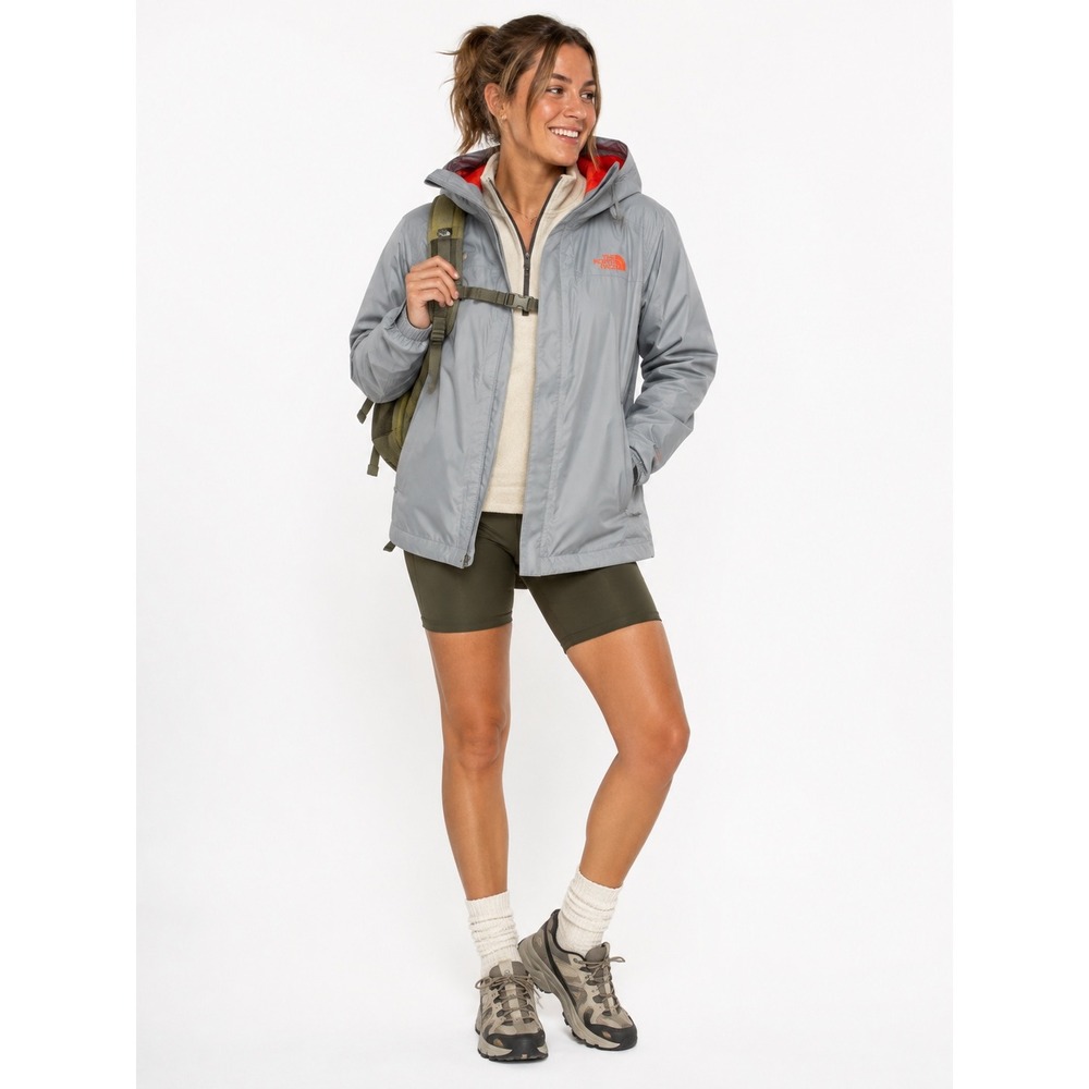 The North Face Womens Small Gray Red Hood Rain Jacket Windbreaker Full Zip Shell